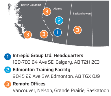 Intrepid Group service areas across Western Canada showing headquarters in Calgary, Edmonton training facility, and remote offices in Vancouver, Nelson, Grande Prairie, and Saskatoon