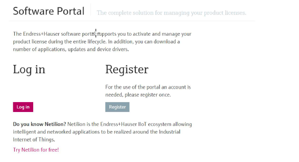 Endress+Hauser software portal login screen