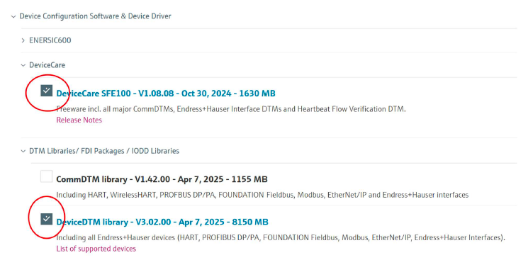 Download page with DeviceCare and DTM options